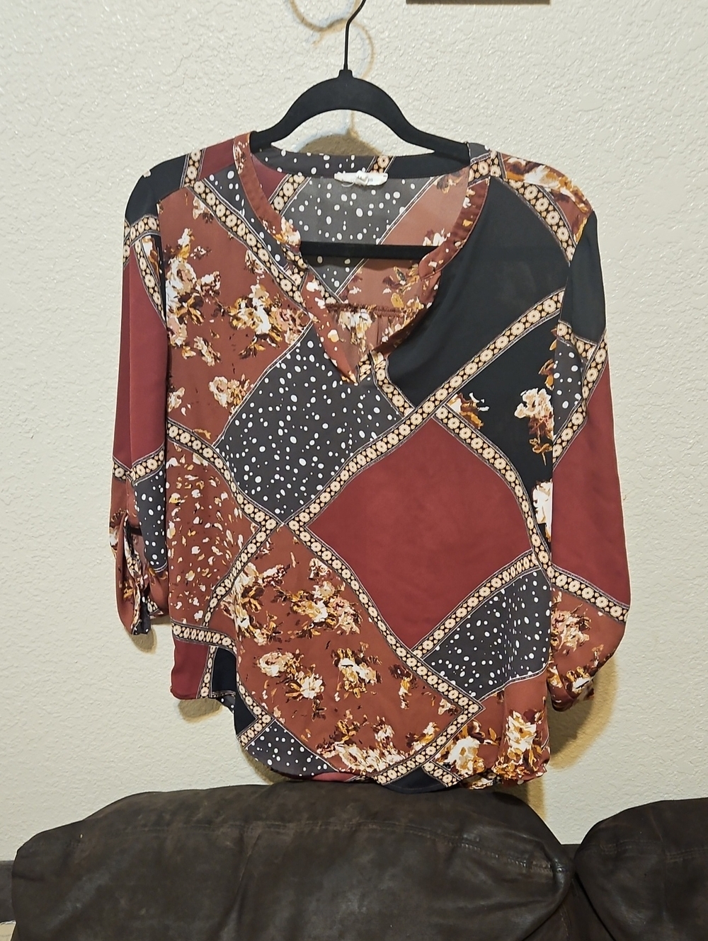 Maurices Patchwork V-Neck Blouse - Brown, Black & Cream